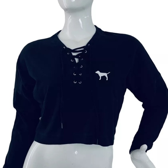 ❤️ LOVE PINK Victorias Secret Black Crop Cropped Hoodie Sweater Sweatshirt M - Picture 4 of 10